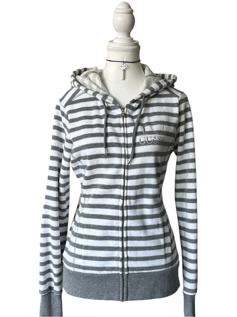 Y2K “GUESS” White and Gray Stripe Embroidered Zip-up Hoodie